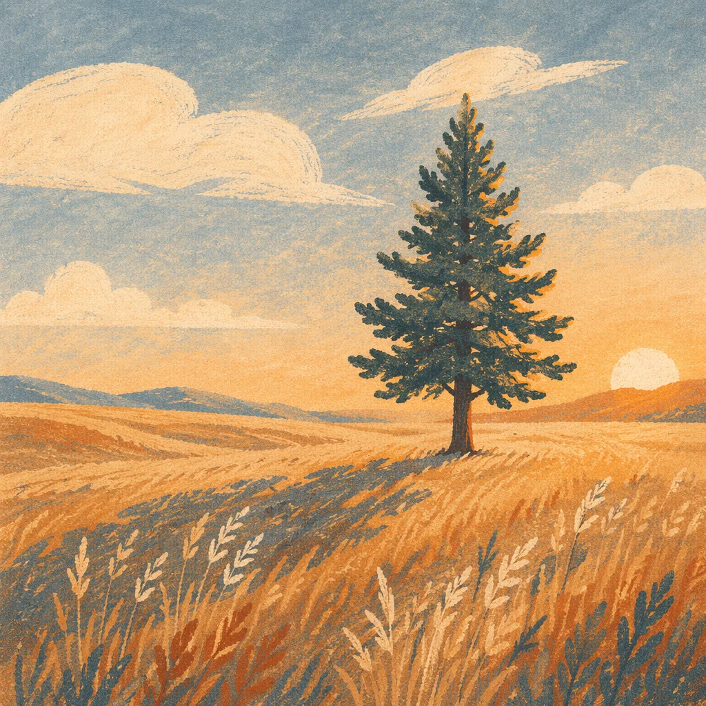 Lone Evergreen Tree in Golden Field