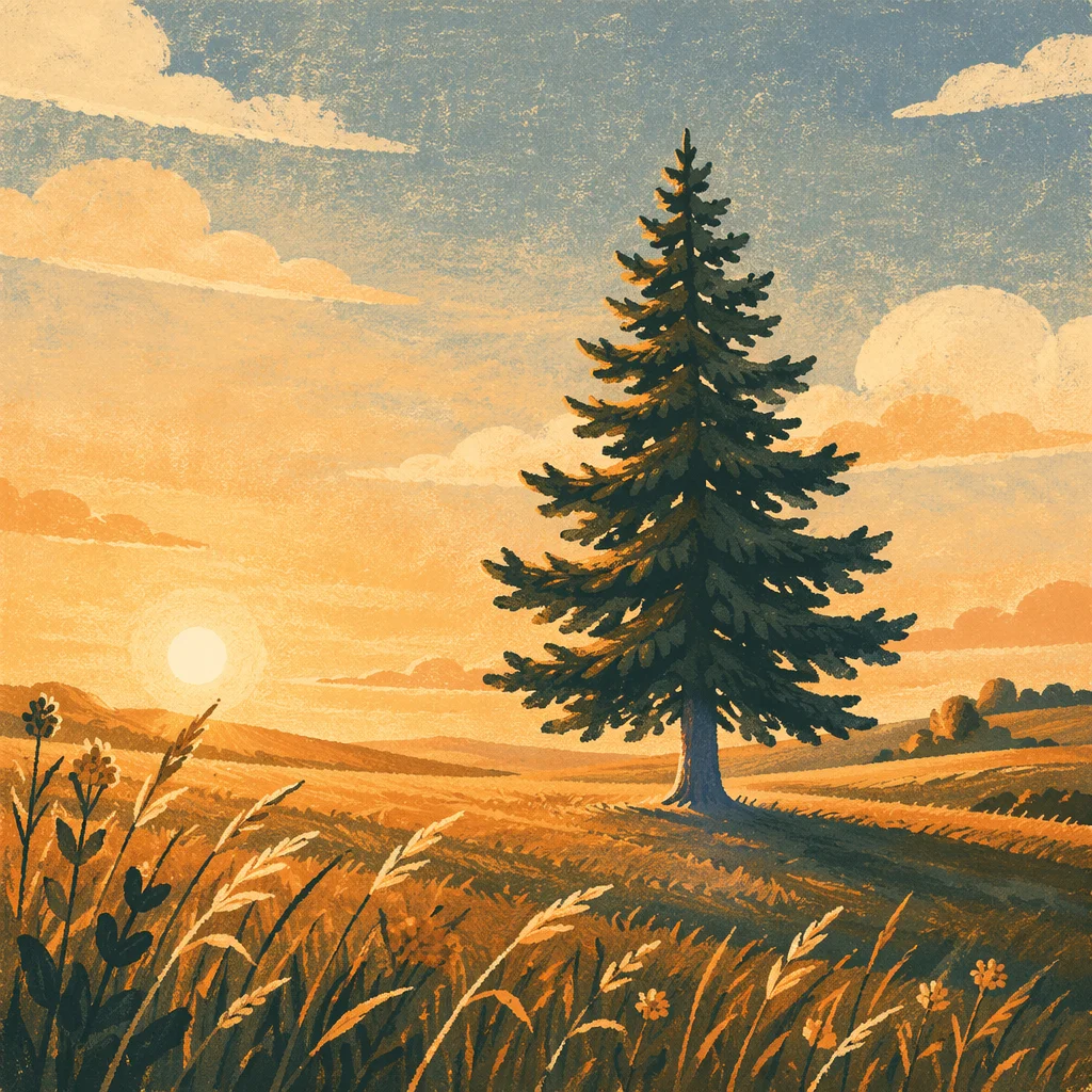 Lone Evergreen in Golden Hour Field