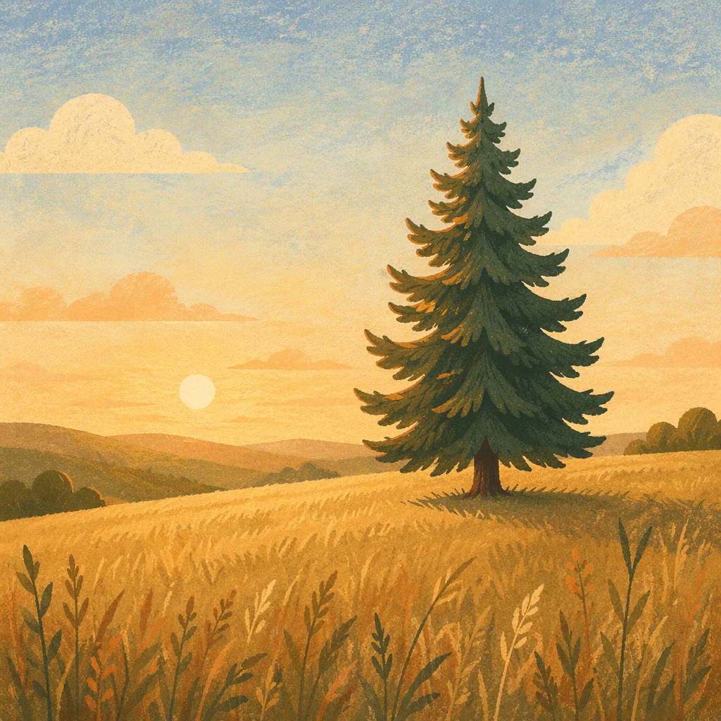 Solitary Evergreen Tree in Golden Meadow