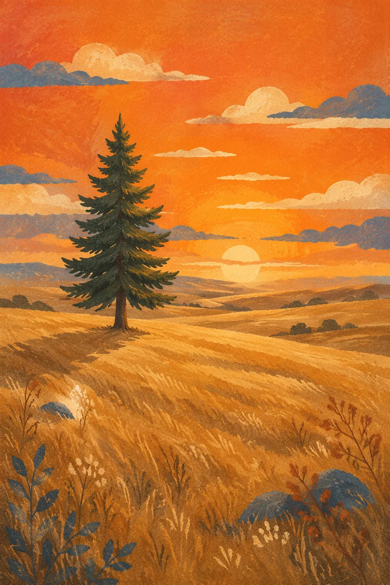 Lone Evergreen in Golden Hour Field