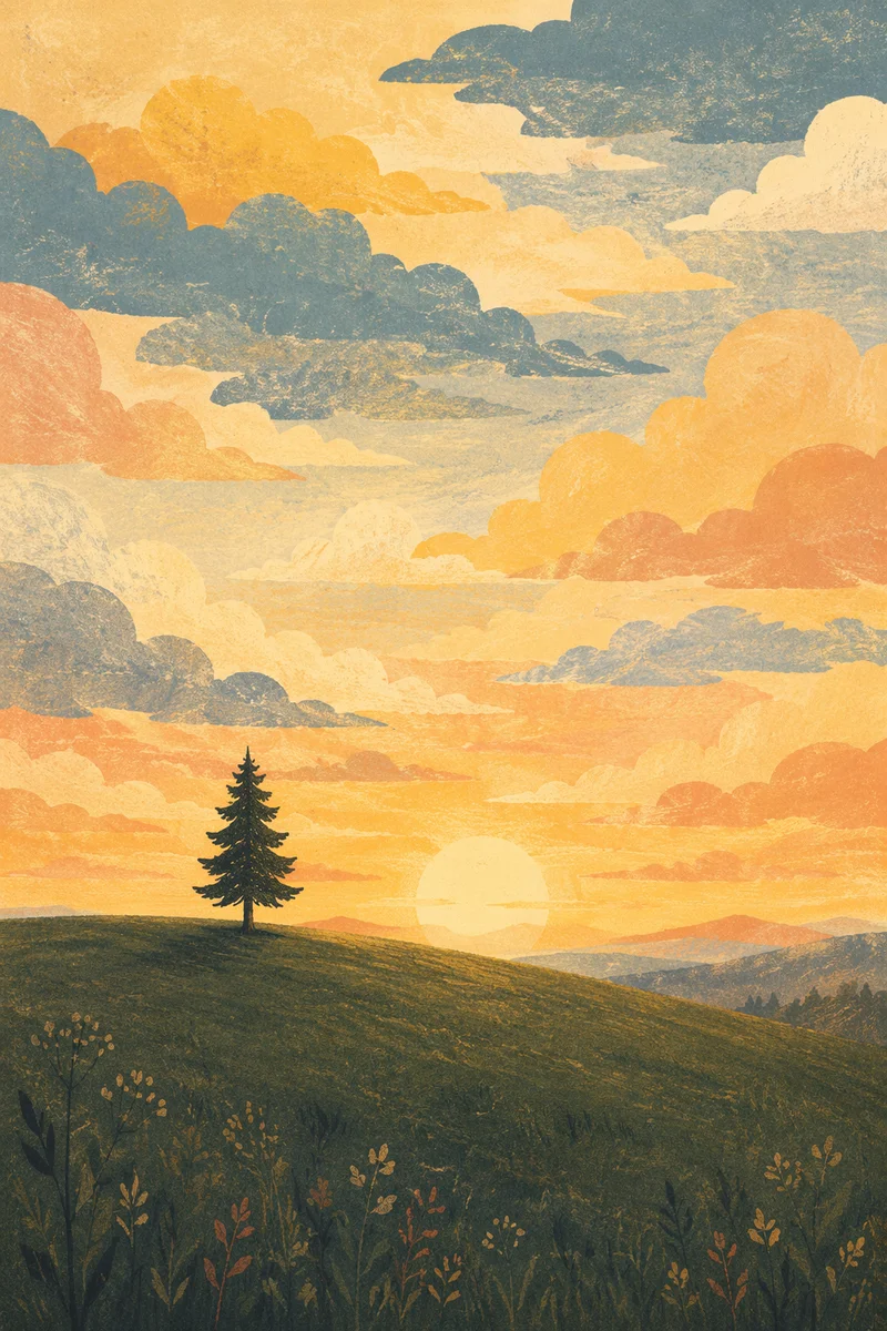 Solitary Evergreen Field at Golden Hour