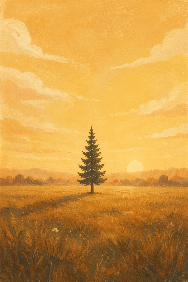 Solitary Evergreen Meadow at Golden Hour