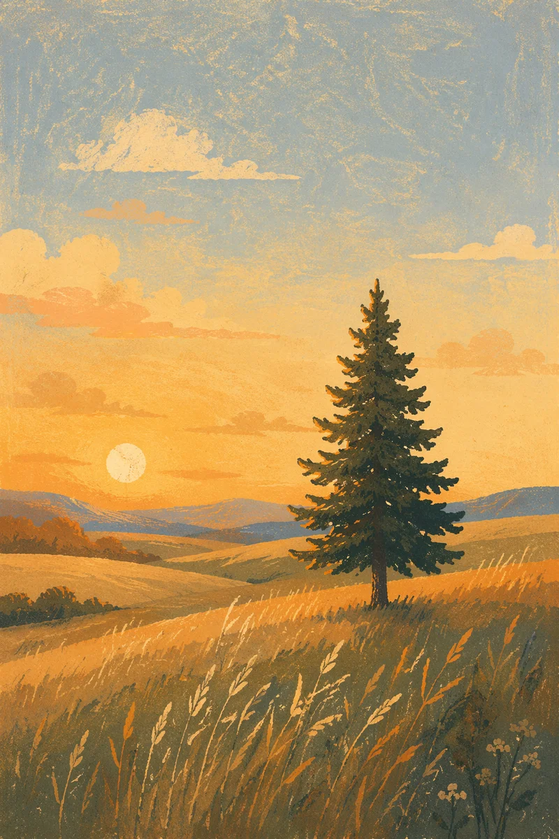 Solitary Evergreen in Golden Hour Field