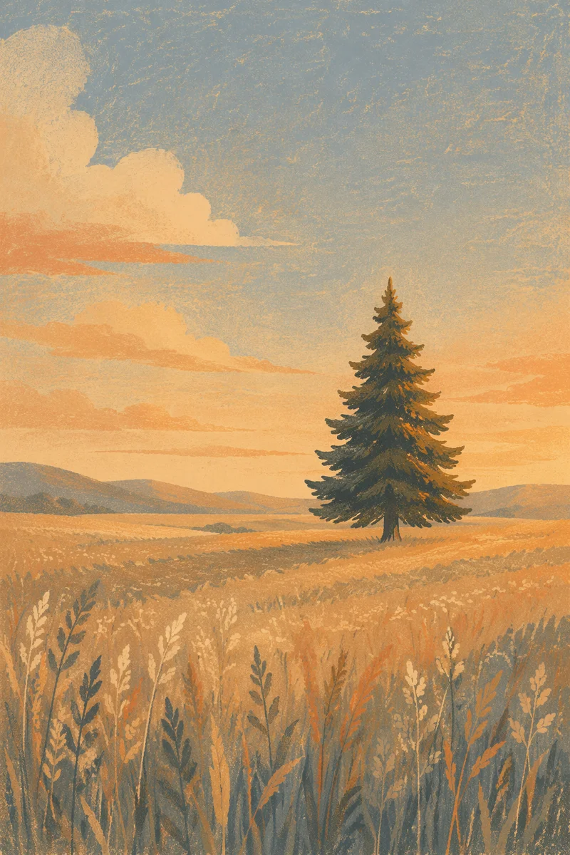 Lone Evergreen Tree in Golden Meadow