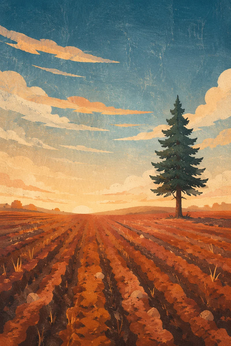 Lone Evergreen Over Golden Plowed Field
