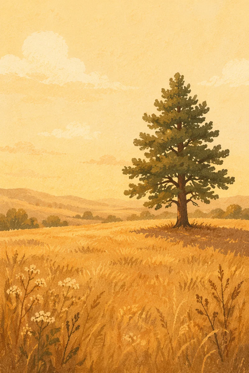 Solitary Evergreen Tree in Golden Field