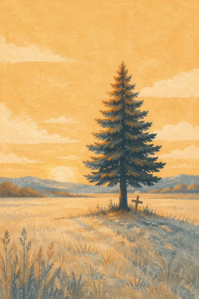 Solitary Evergreen with Cross at Golden Hour