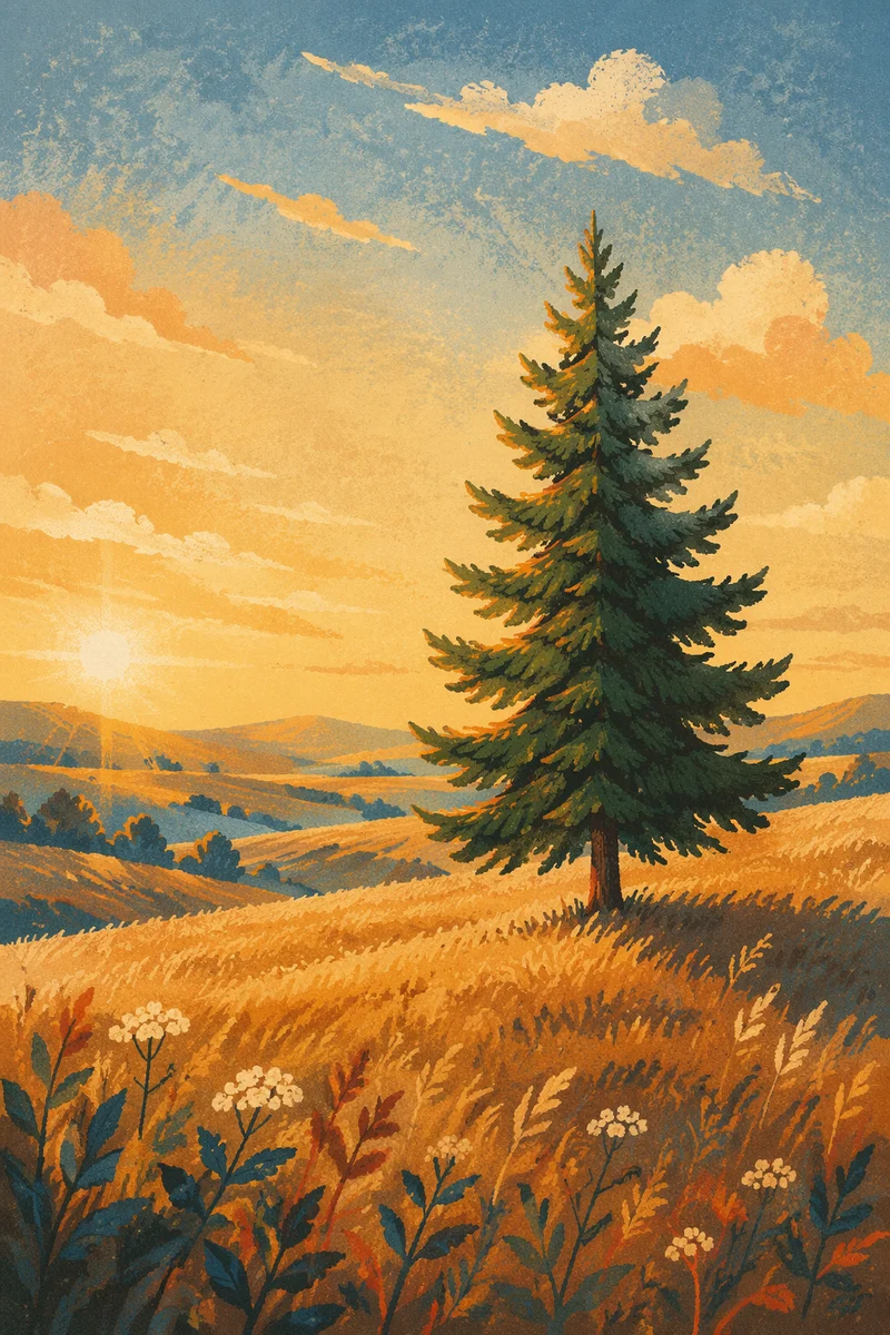 Lone Evergreen Tree in Golden Field