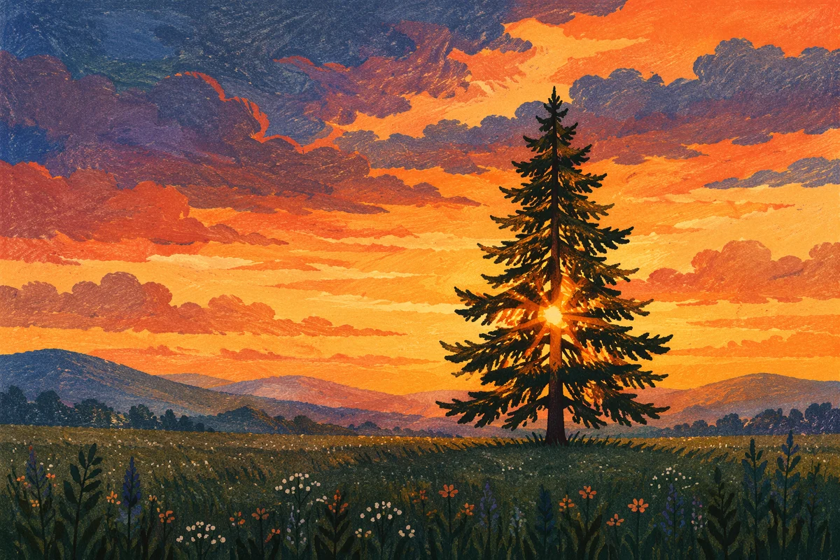 Lone Evergreen Tree at Golden Hour