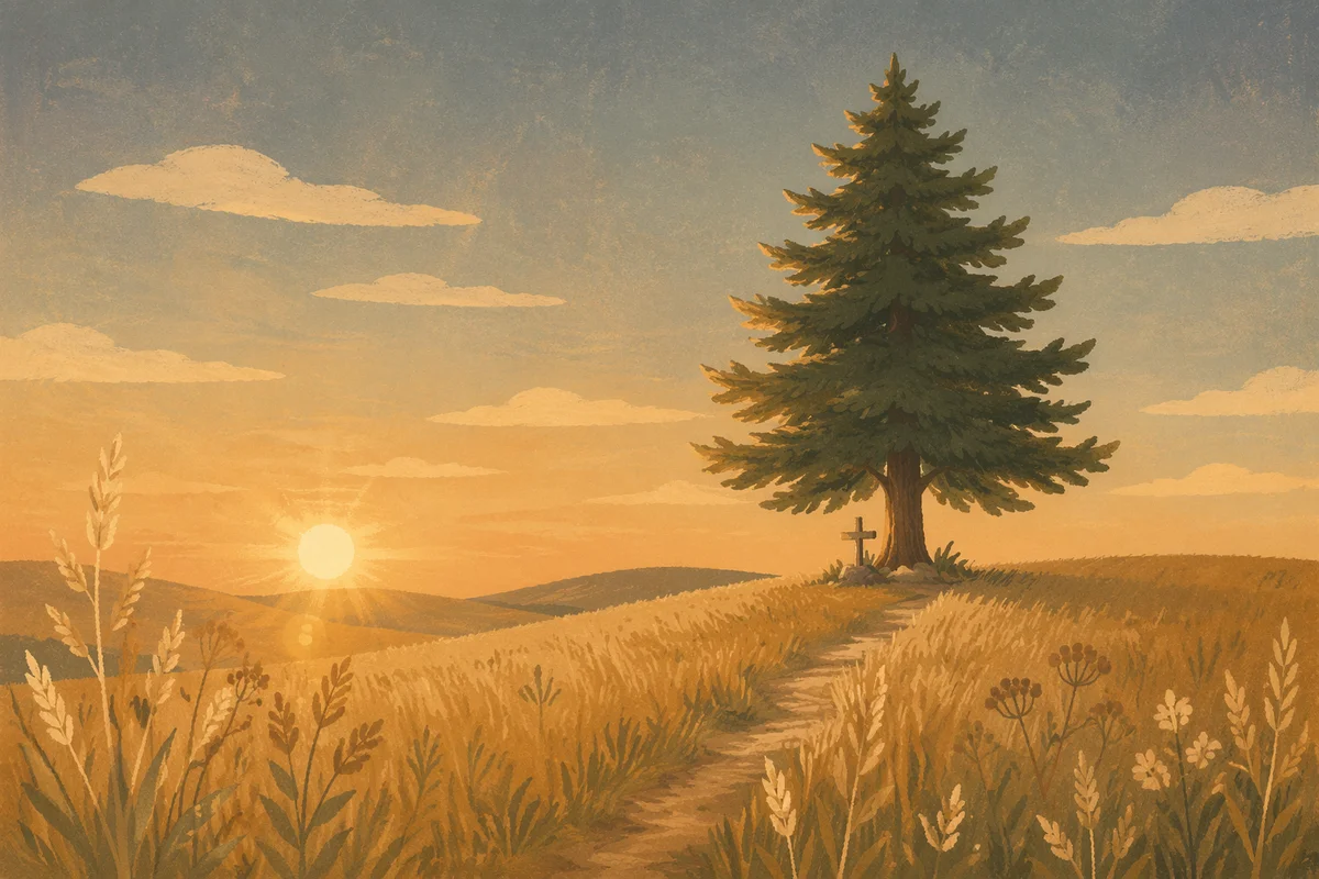 Evergreen Tree in Golden Hour Field