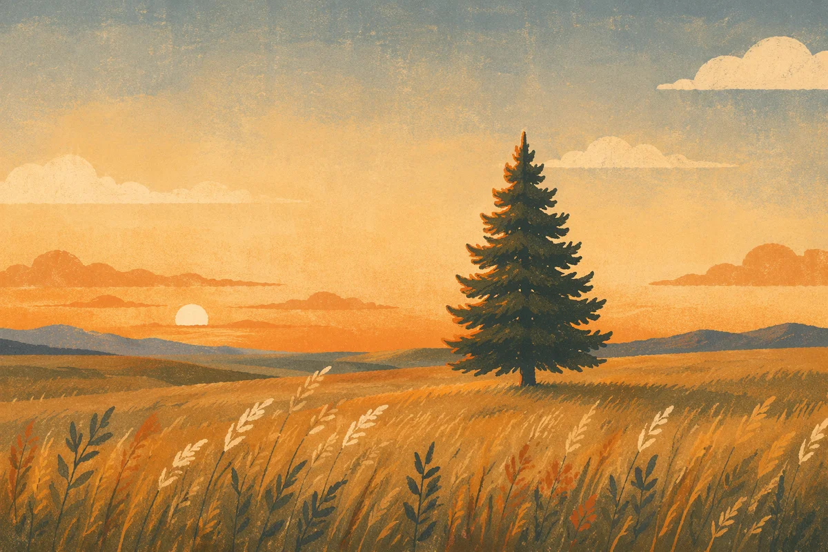 Solitary Evergreen in Golden Hour Field