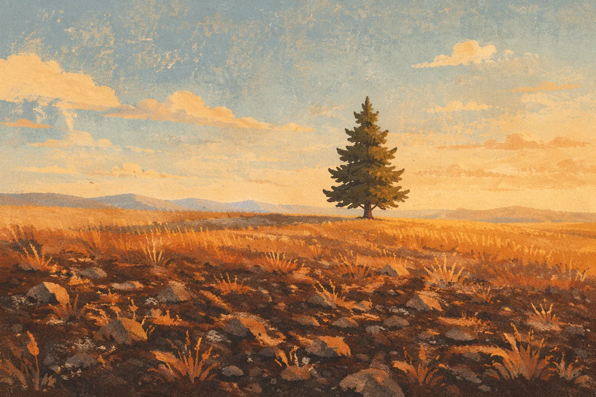 Lone Evergreen in Golden Open Field