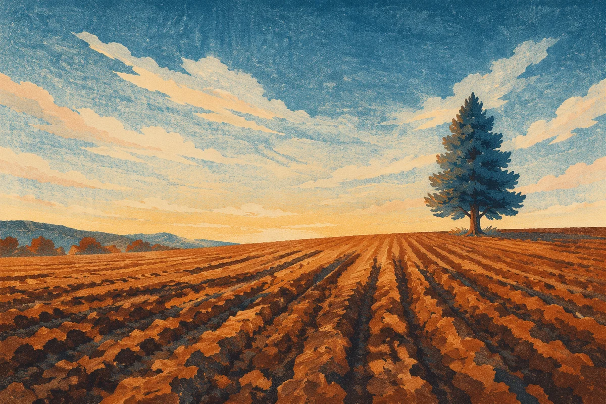 Lone Evergreen Over Golden Plowed Field