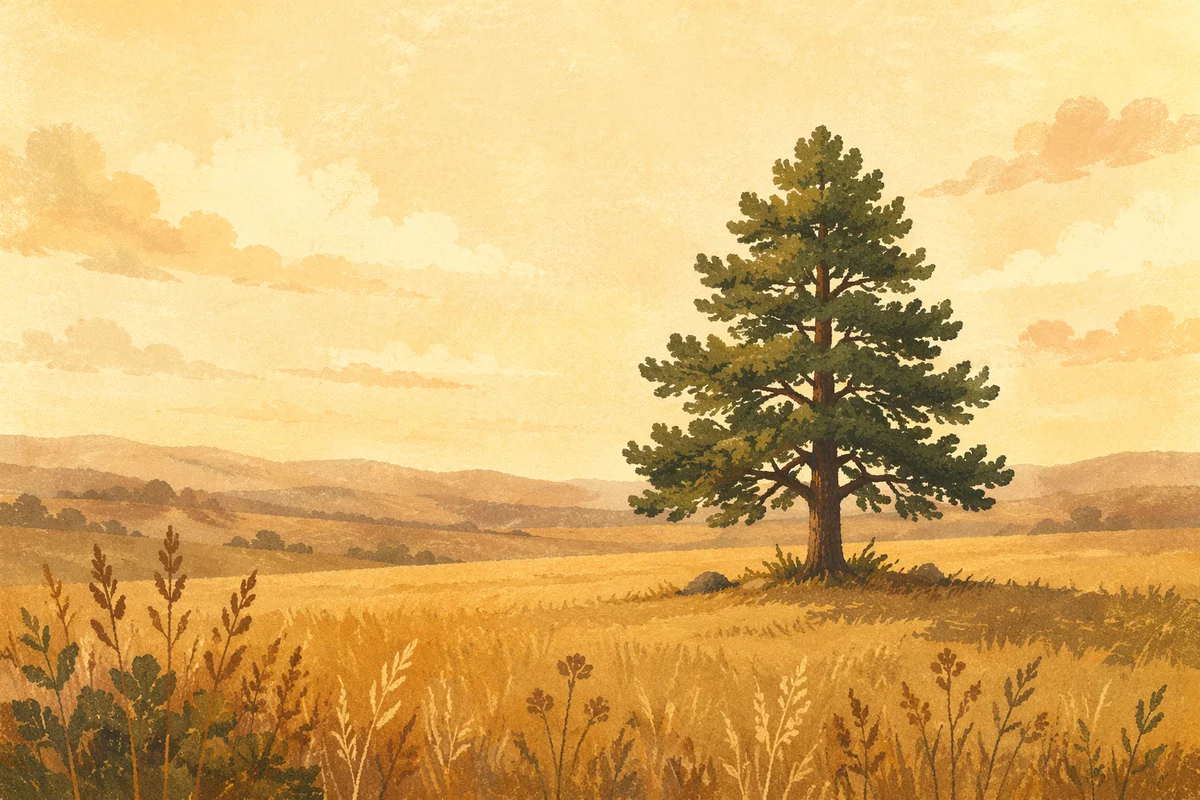 Lone Evergreen Tree in Golden Field
