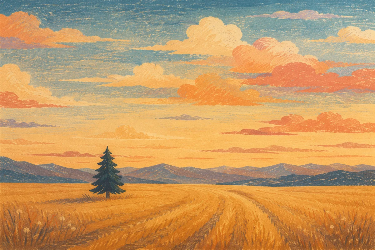 Solitary Evergreen in Golden Hour Field