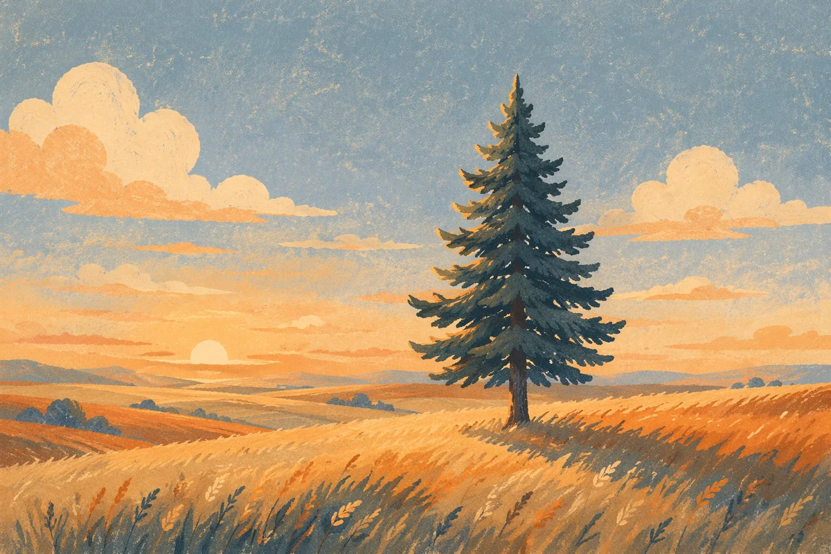 Lone Evergreen Tree in Golden Field