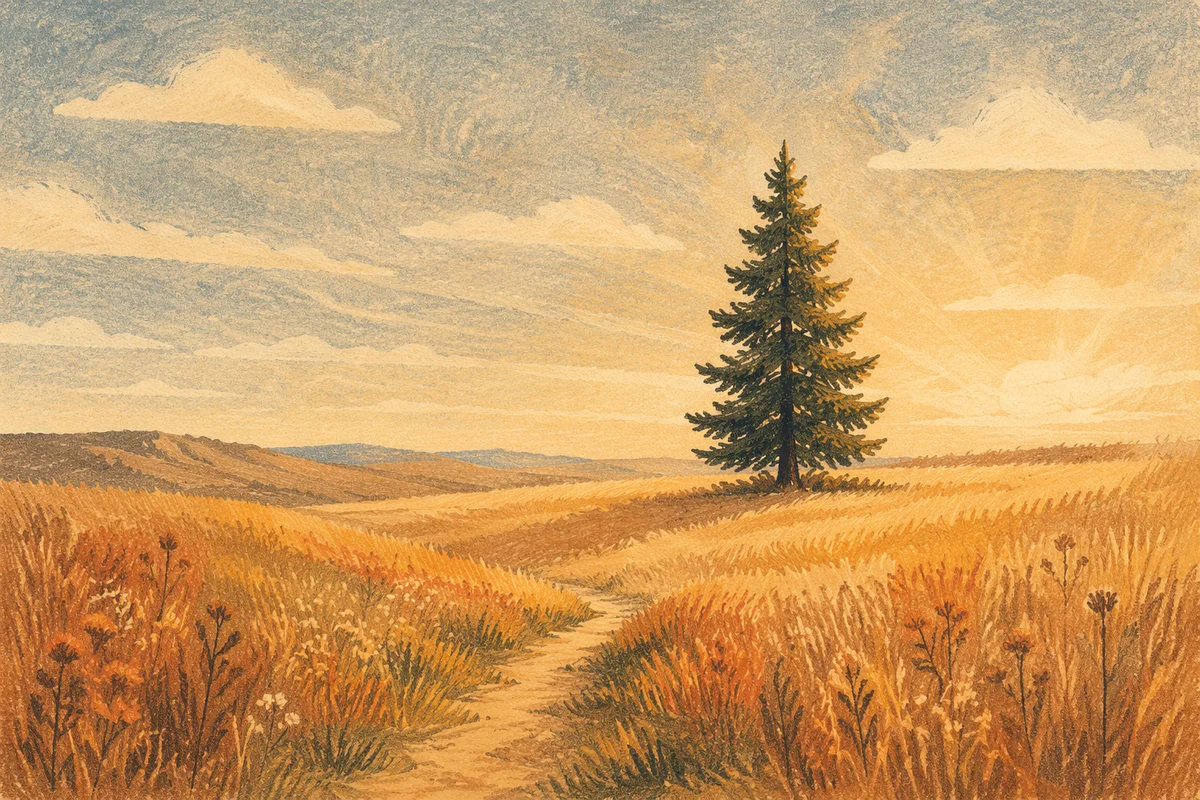 Solitary Evergreen in Golden Hour Field