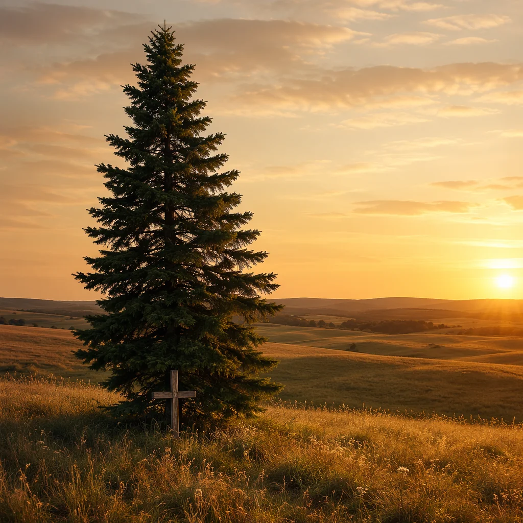 Lone Evergreen Tree at Golden Hour