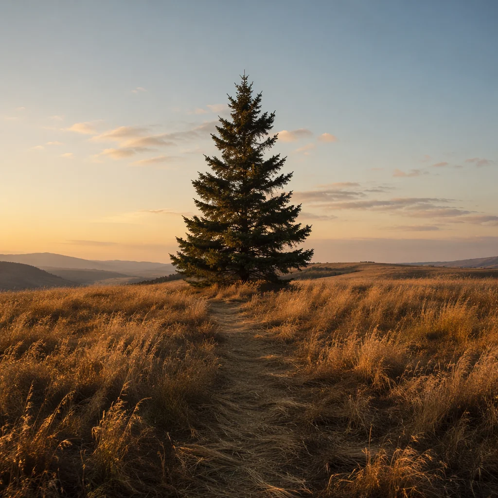 Lone Evergreen Tree at Golden Hour