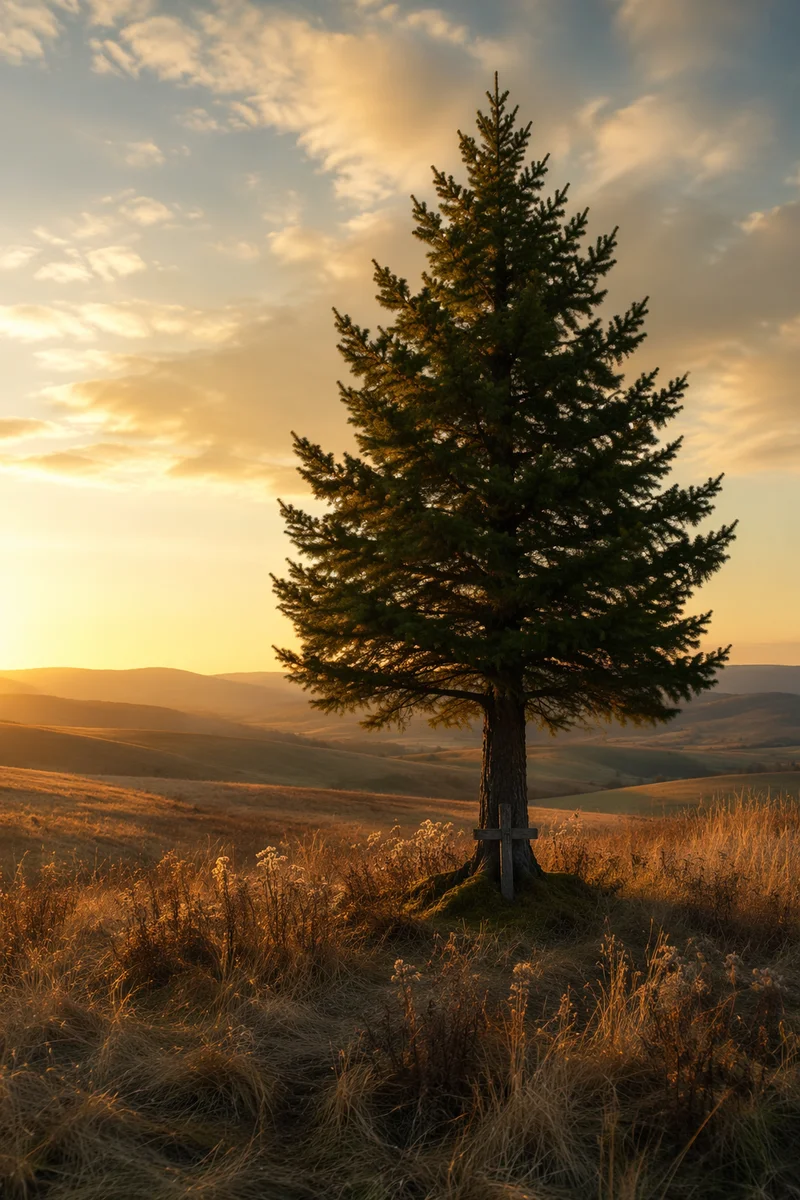 Lone Evergreen Tree at Golden Hour