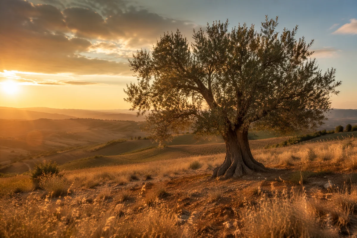 Lone Evergreen Tree in Golden Meadow