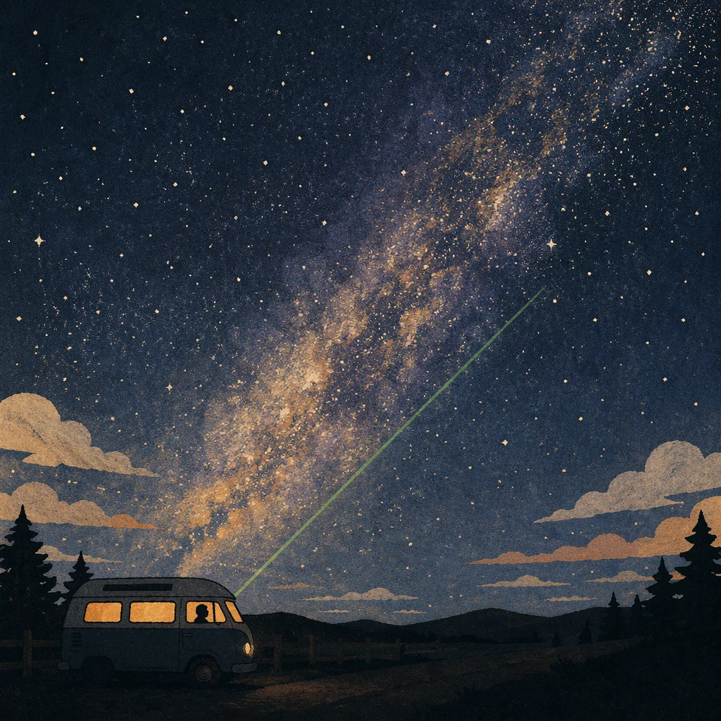 Milky Way Camper Under Emerald Night Beam
