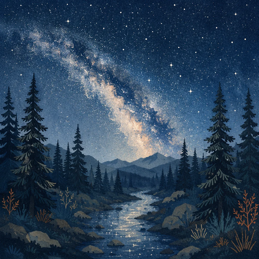 Milky Way Over Evergreen Forest Night