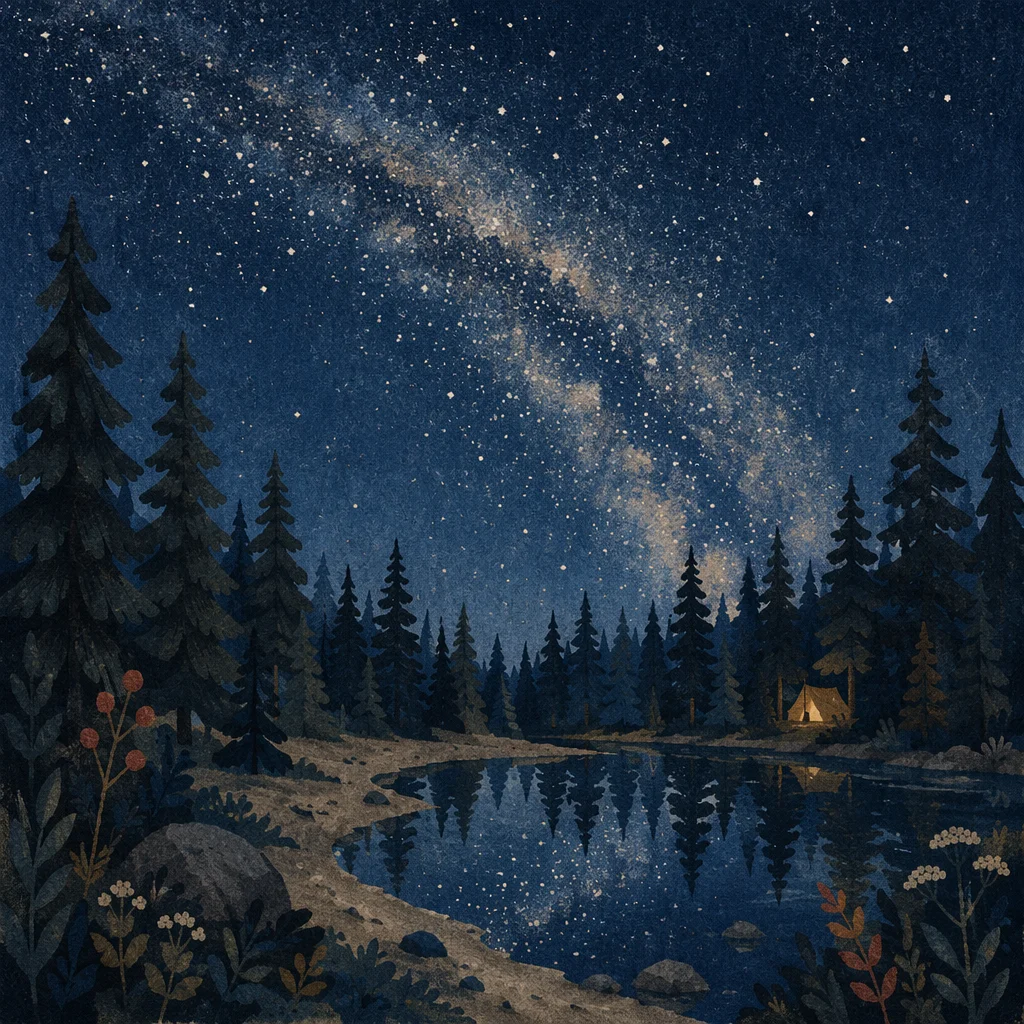 Milky Way Over Evergreen Forest Night