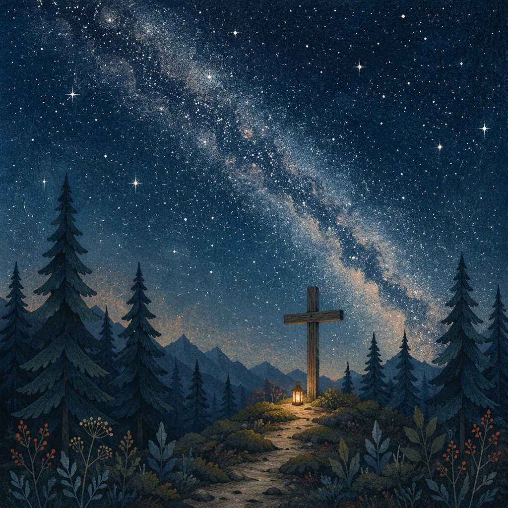 Wooden Cross Beneath Milky Way Pines