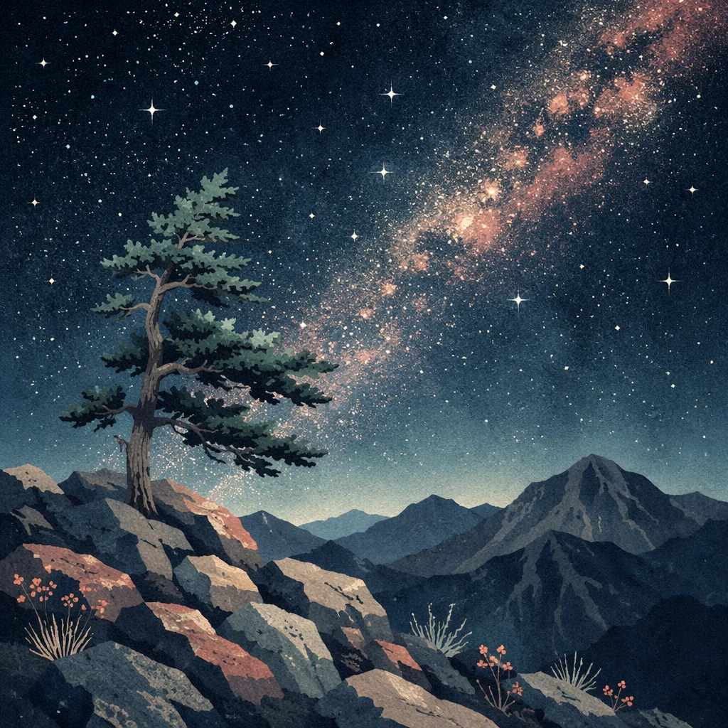 Evergreen Under Milky Way Mountain Sky