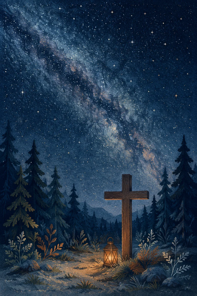 Wooden Cross Beneath Milky Way Pines