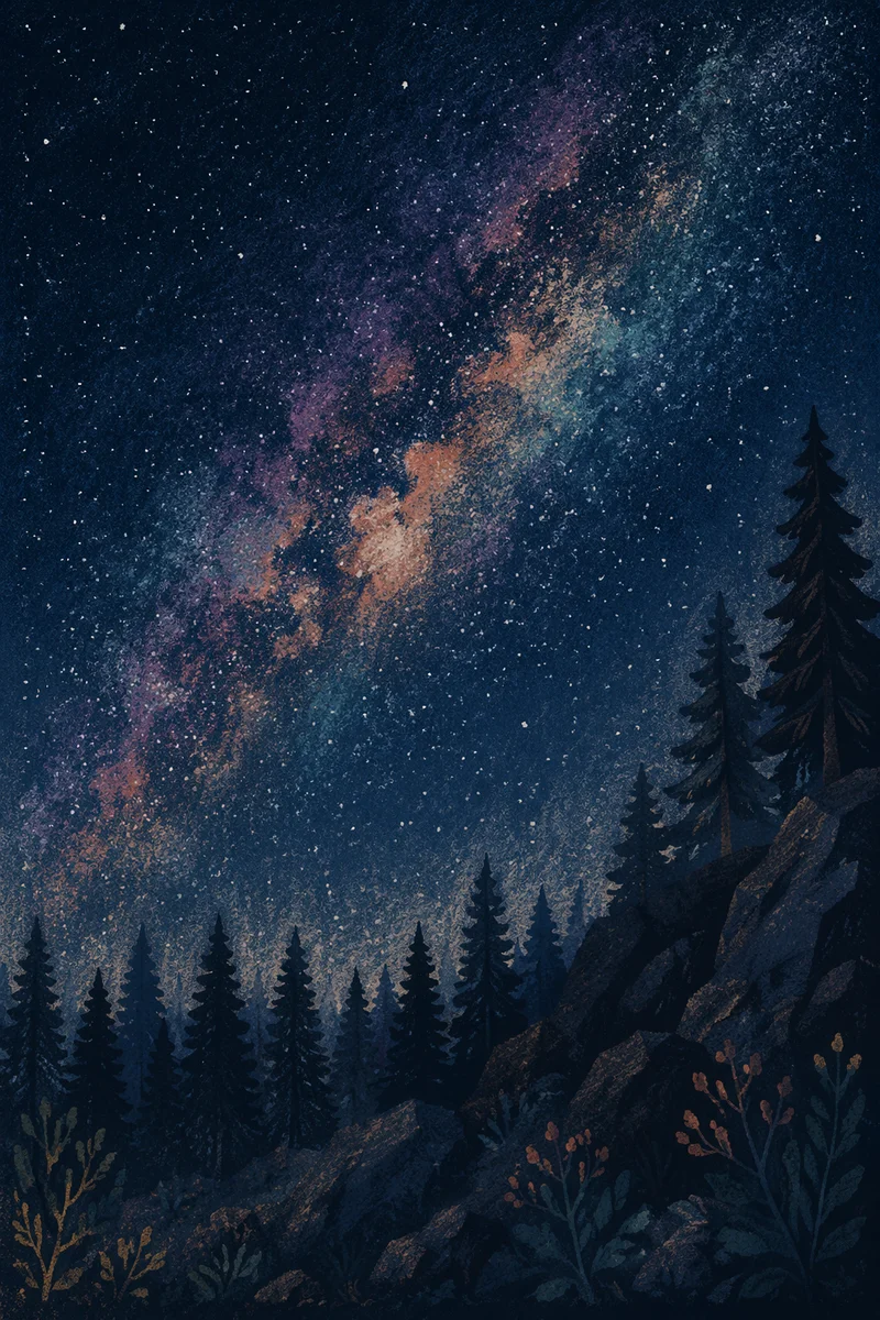 Milky Way Over Evergreen Forest Night