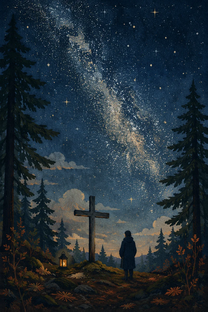 Milky Way Prayer Cross in Evergreen Forest