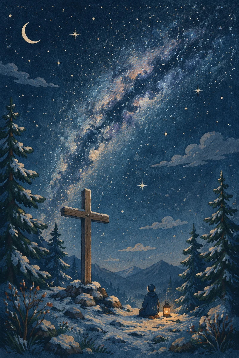 Milky Way Prayer Cross in Evergreen Forest