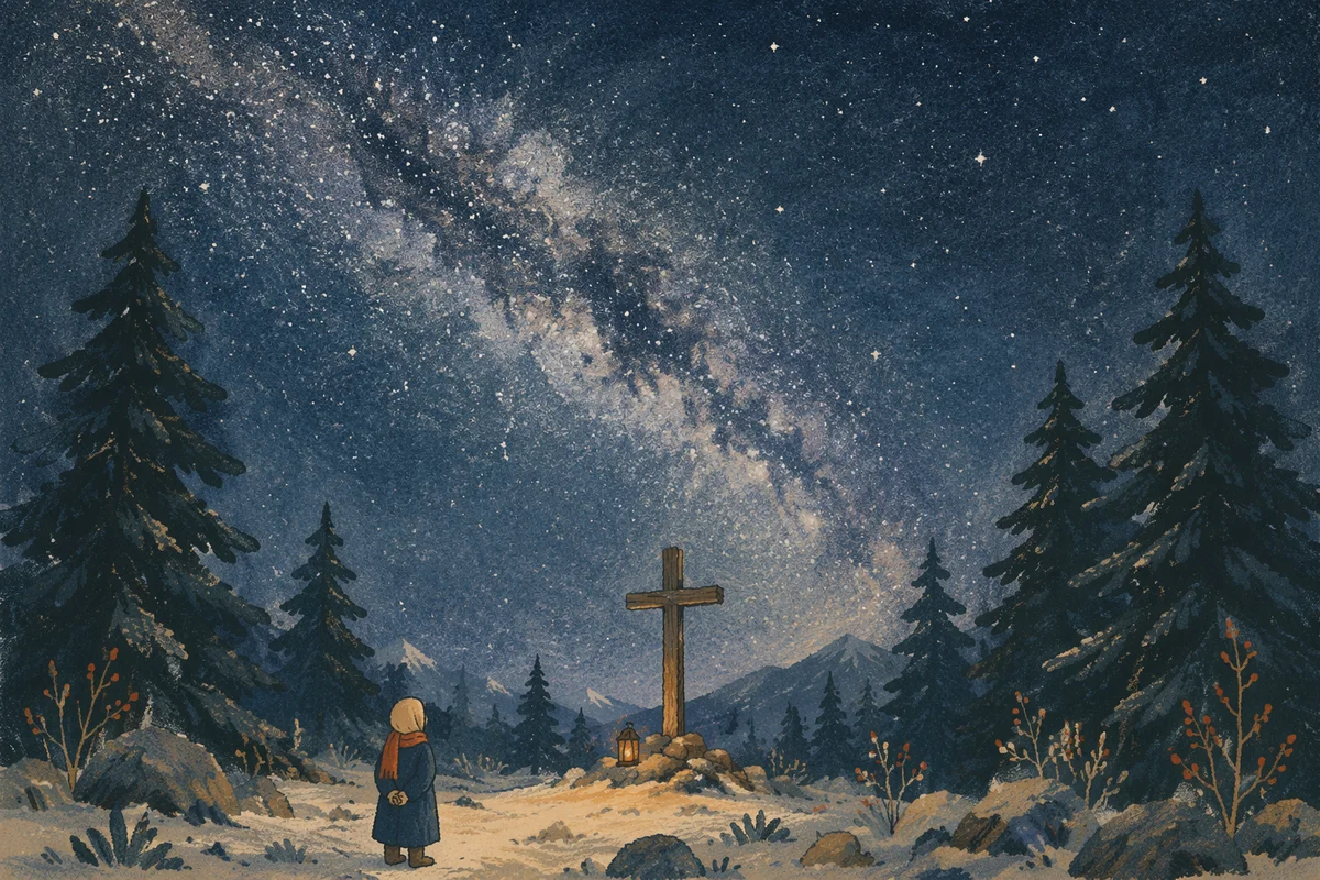 Wooden Cross Beneath Milky Way Pines