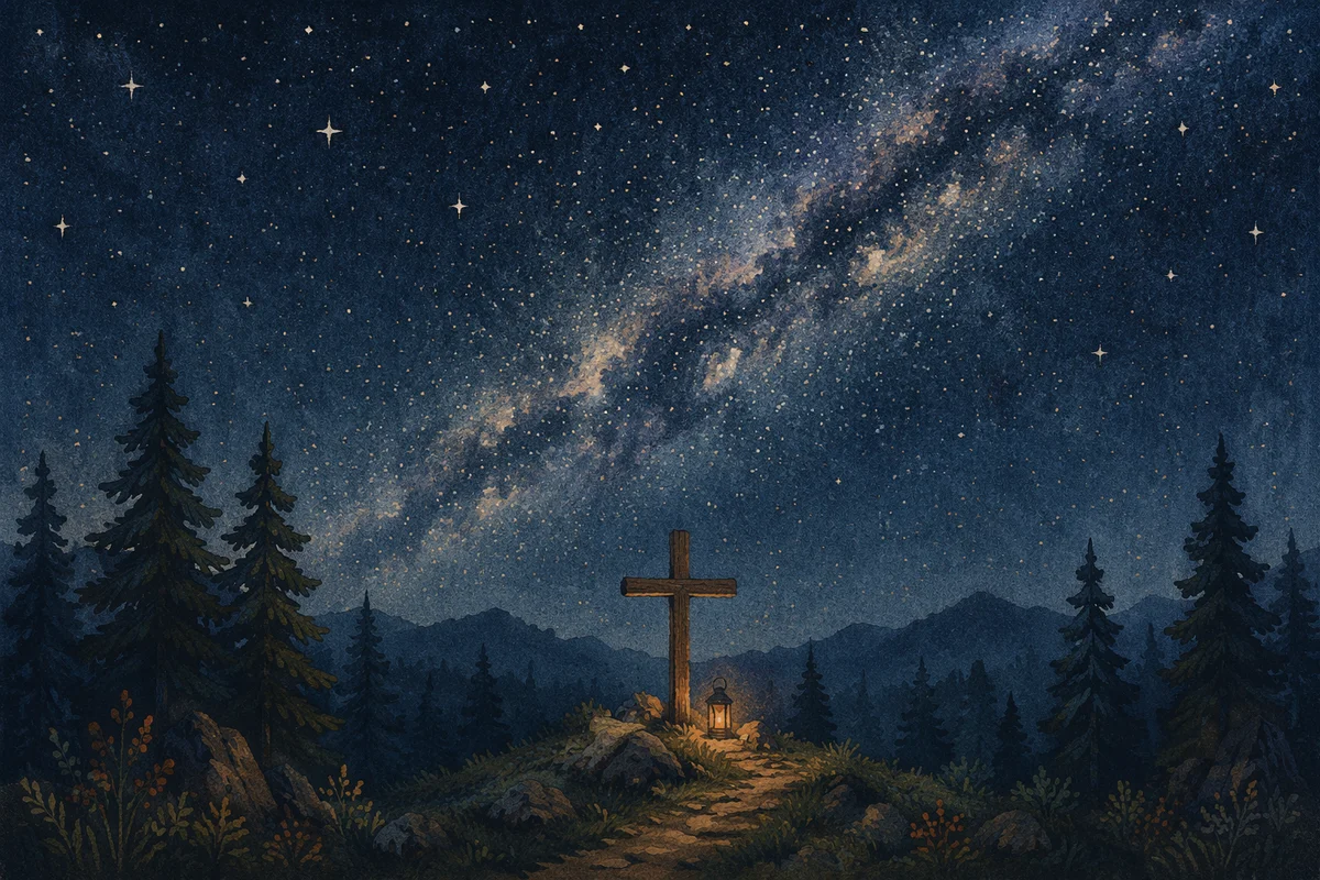 Wooden Cross Beneath Milky Way Pines