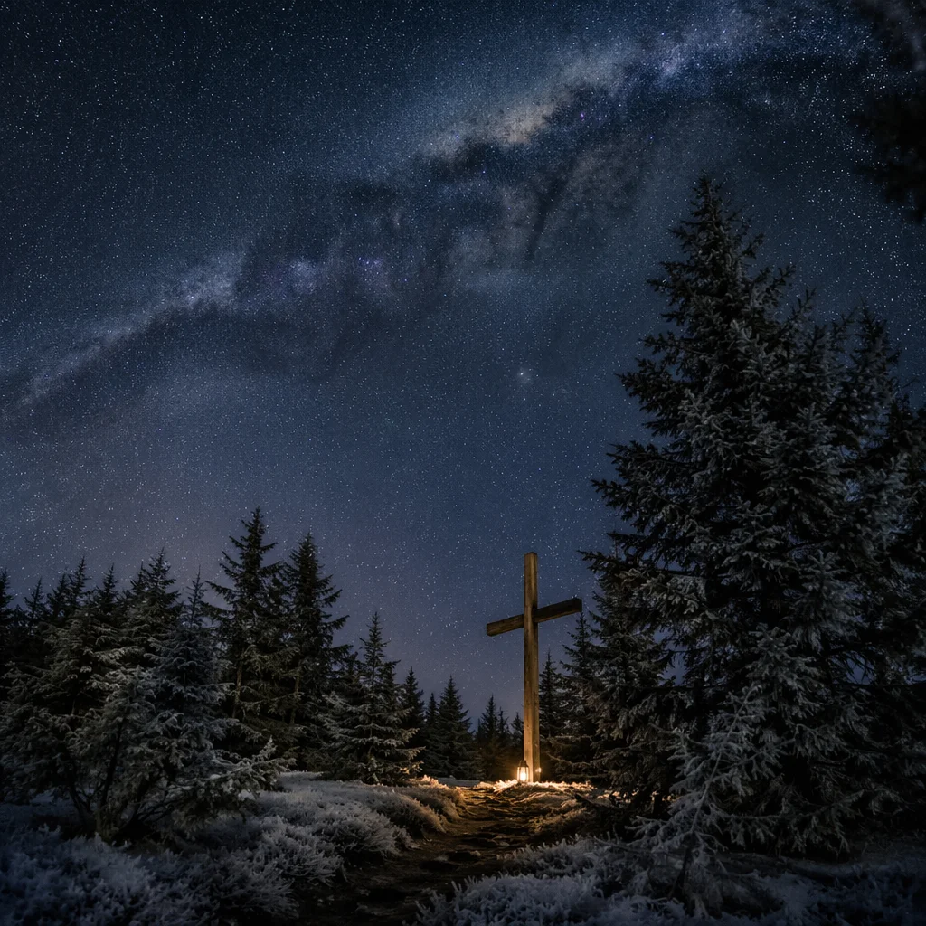 Wooden Cross Beneath Milky Way Evergreens