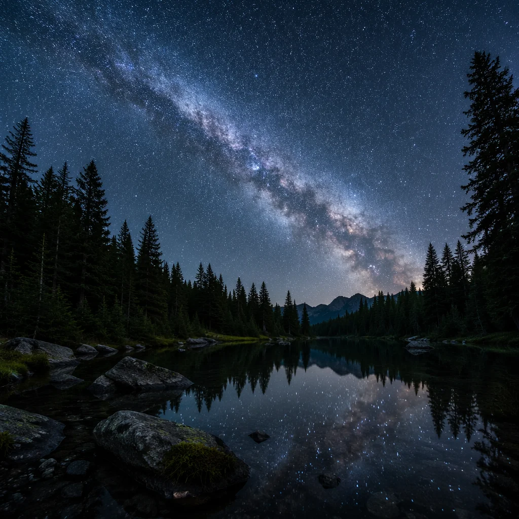 Milky Way Over Evergreen Alpine Lake