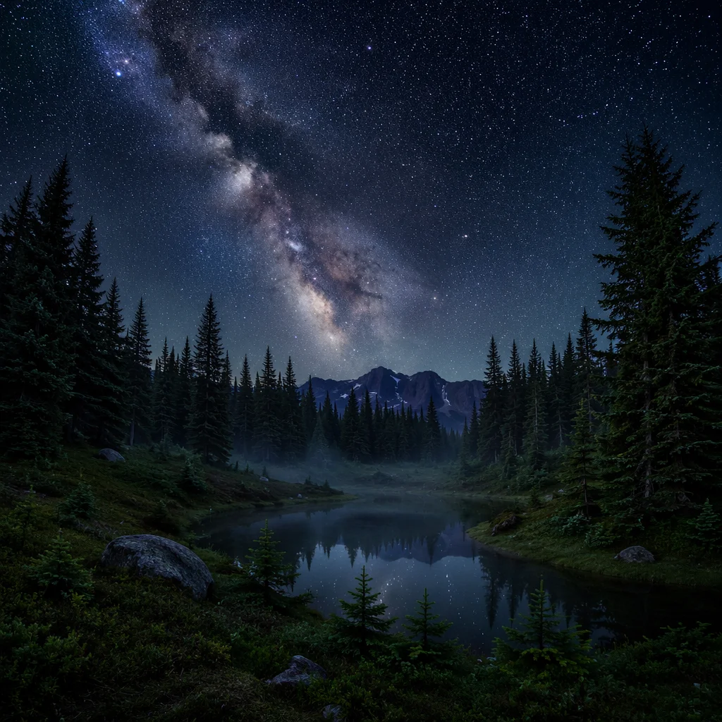 Milky Way Over Evergreen Forest Pond