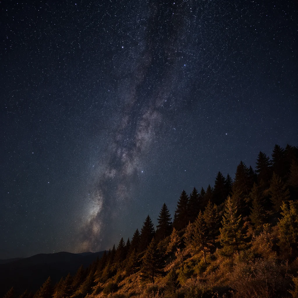 Milky Way Over Evergreen Mountain Hillside