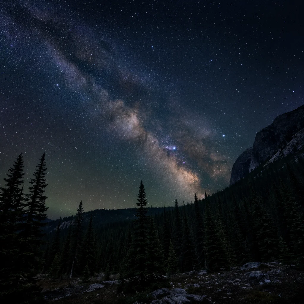 Milky Way Over Evergreen Forest Night