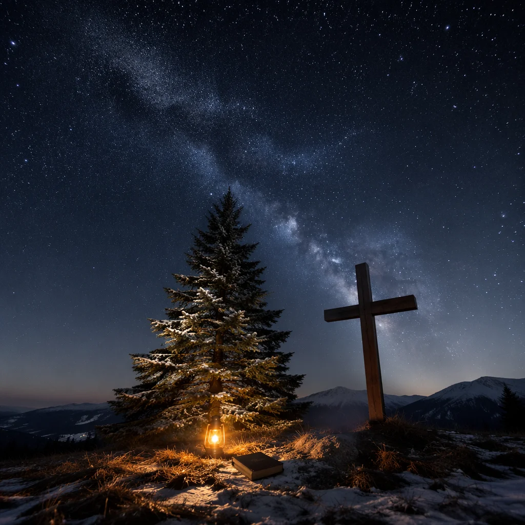 Evergreen Cross Beneath Milky Way Stars