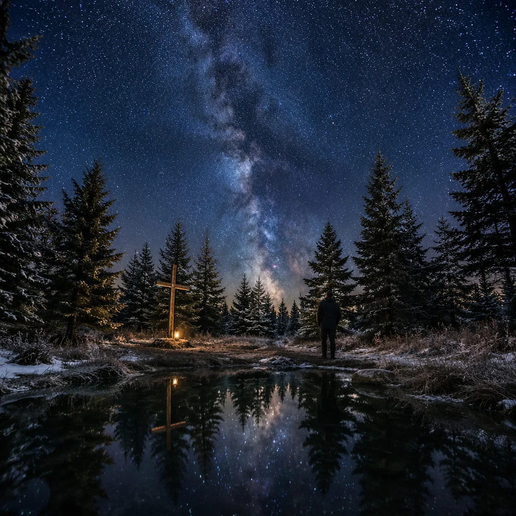 Milky Way Cross in Snowy Evergreen Forest