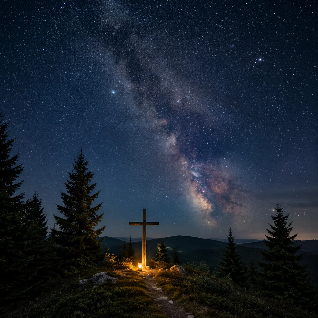 Wooden Cross Beneath Milky Way Pines