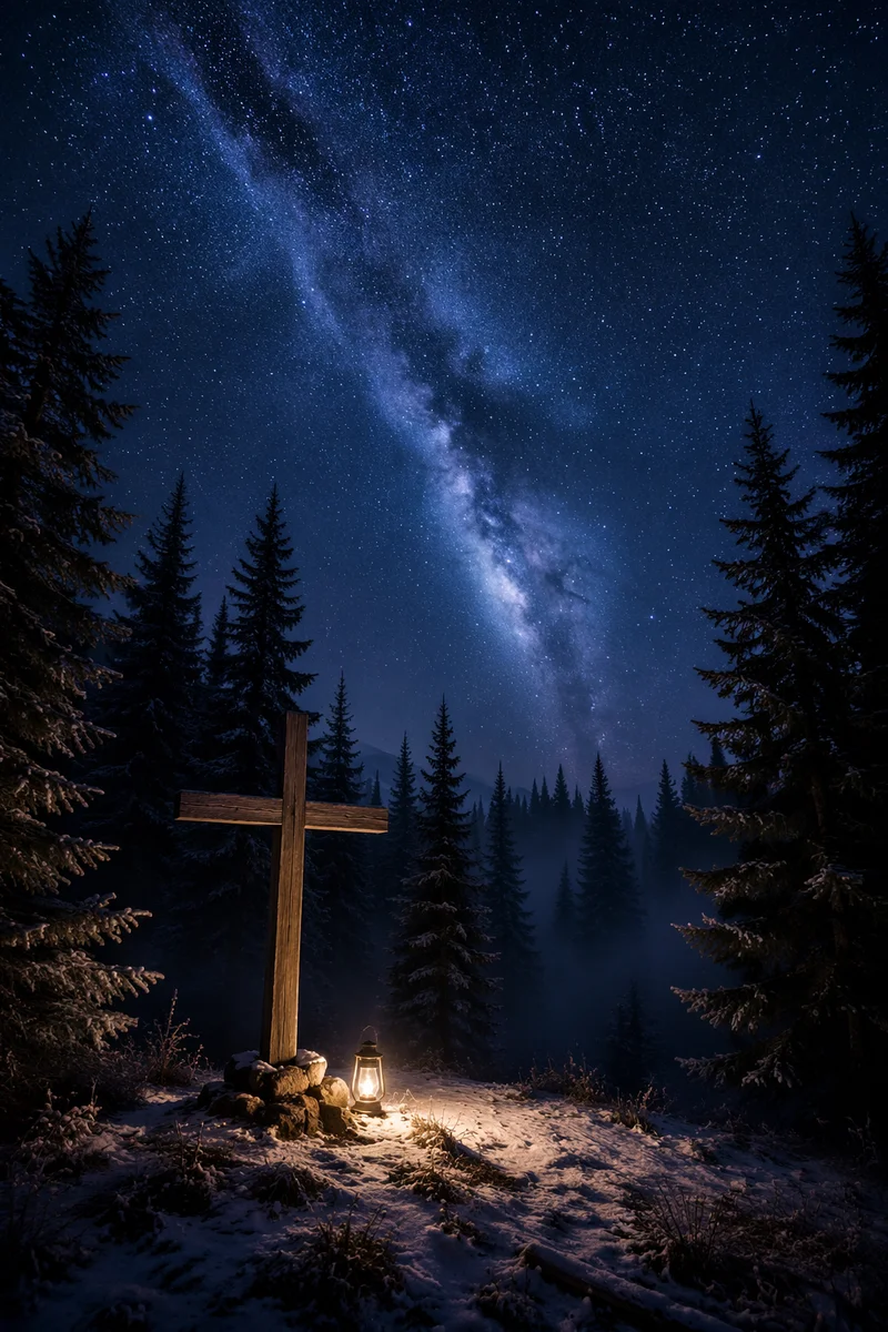 Wooden Cross Beneath Milky Way Pines