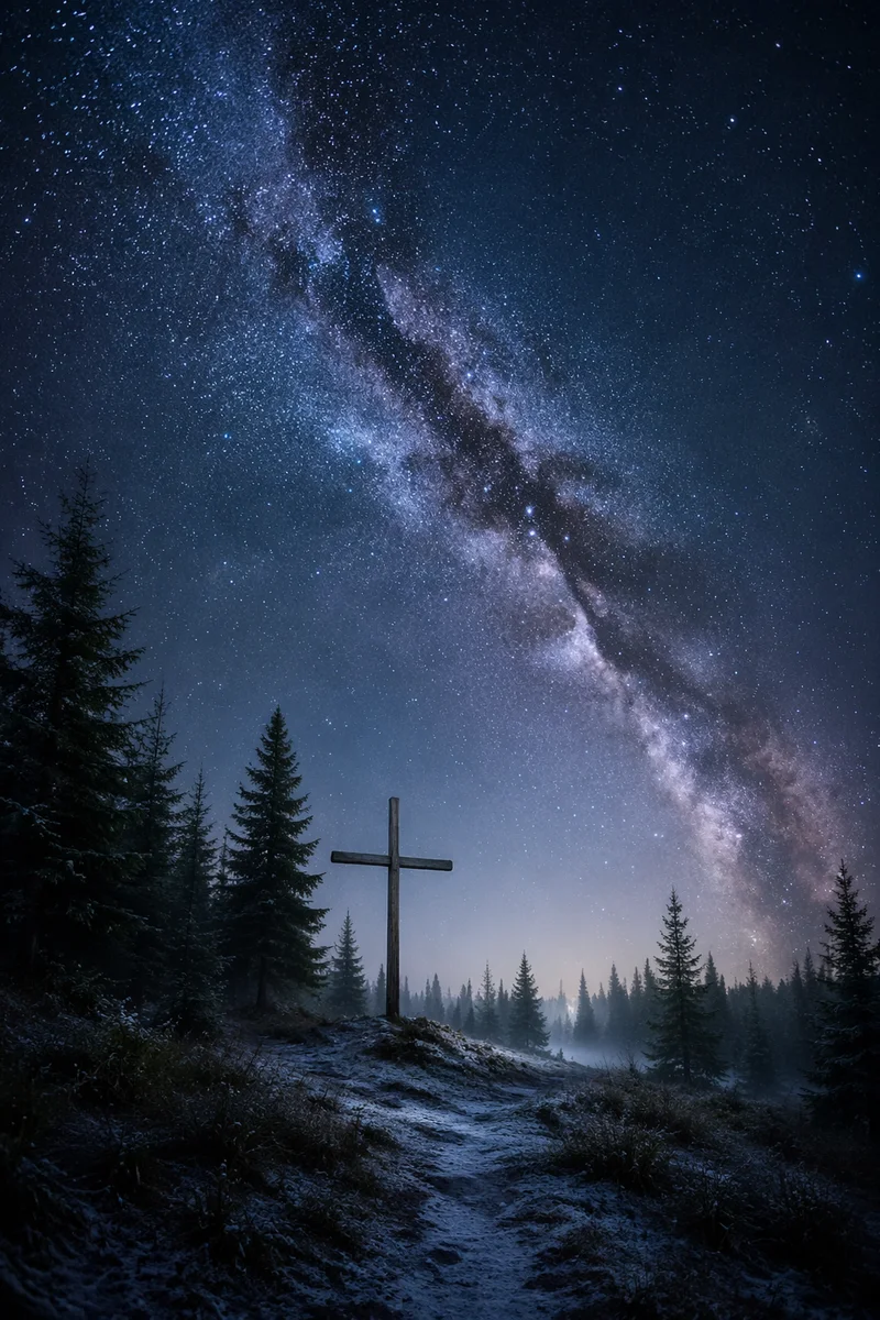Wooden Cross Beneath Milky Way Pines