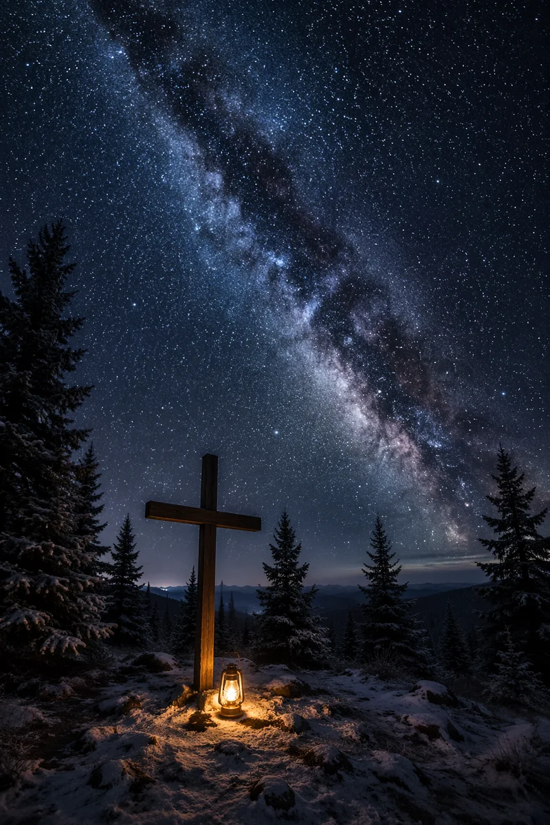 Wooden Cross Beneath Milky Way Pines