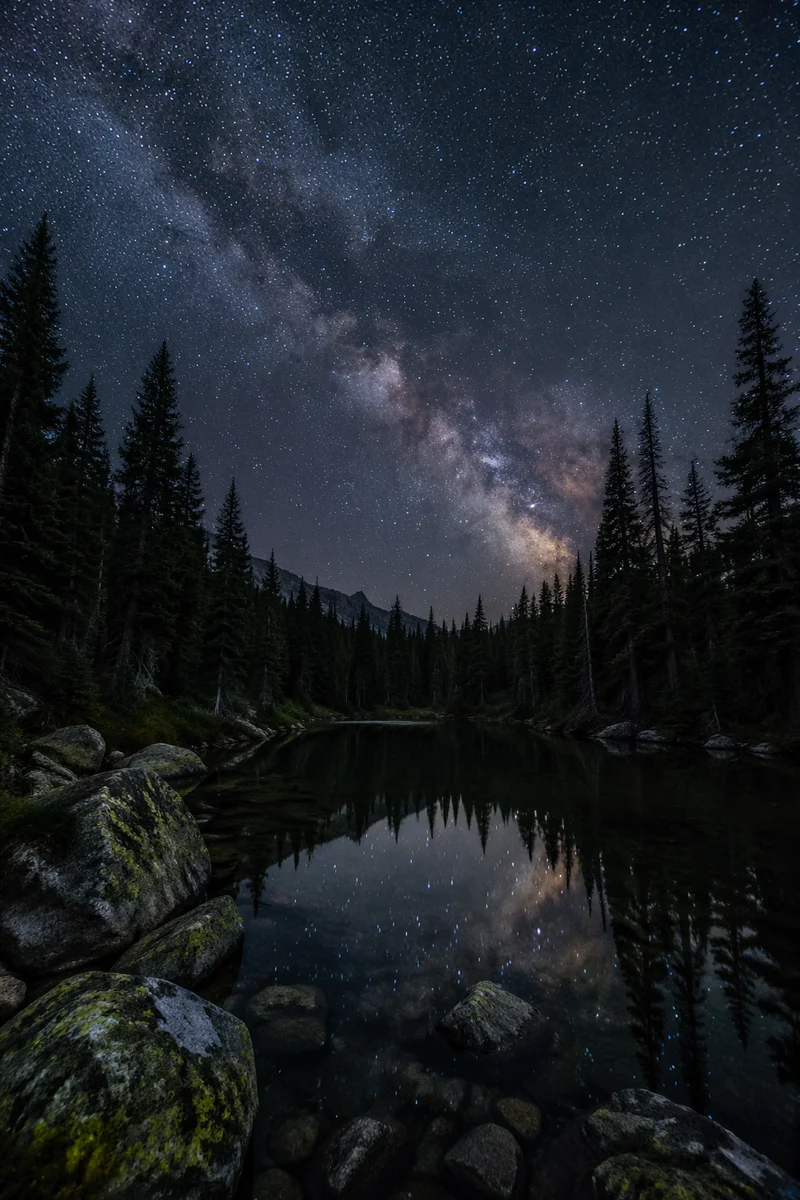 Milky Way Over Evergreen Alpine Lake