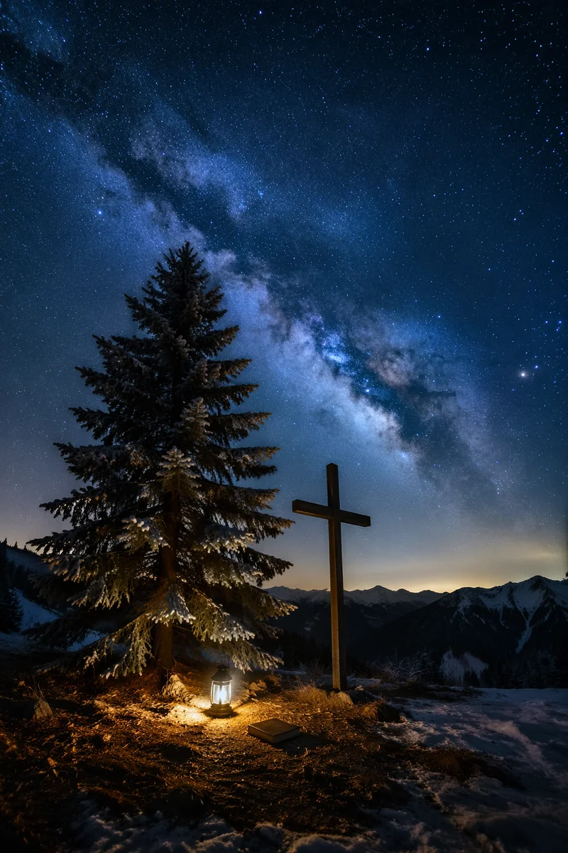 Evergreen Cross Under Milky Way Stars