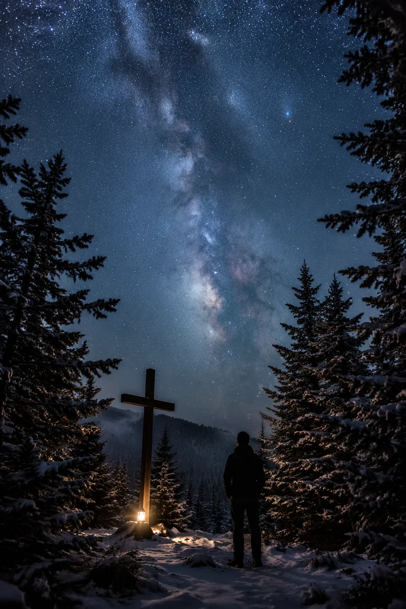 Milky Way Over Snowy Evergreen Cross